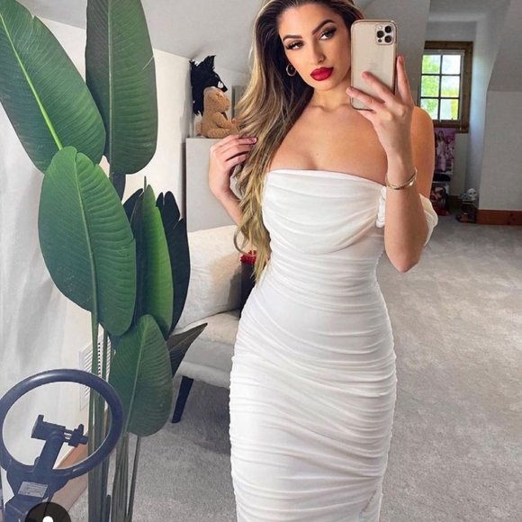 White Bodycon Ruched Stretch Dress - Picture 11 of 12